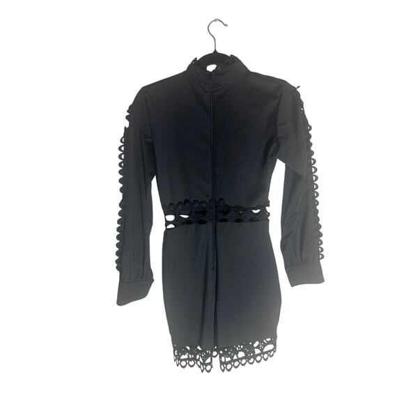 Women's L Black High-Neck Lace Trim Button-Up Romper Long Sleeve Elegant Chic - Picture 8 of 12